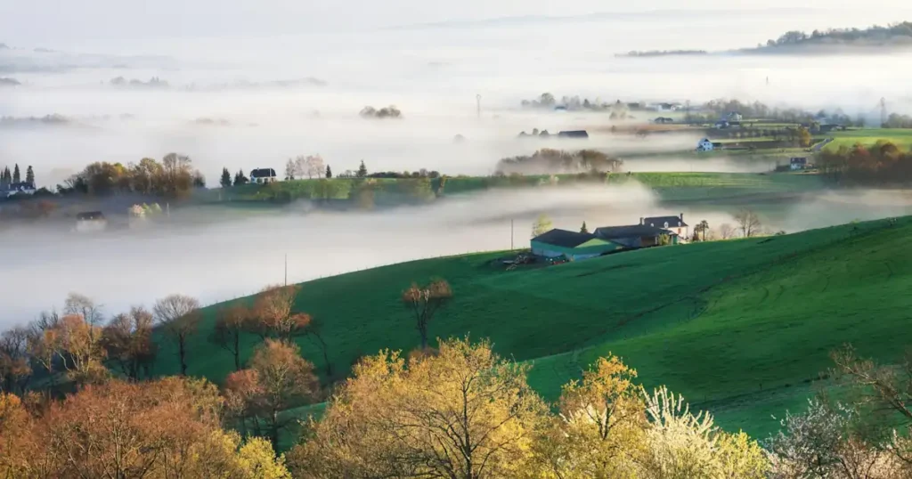 Base of the Pyrenees on a beautiful autumn misty morning