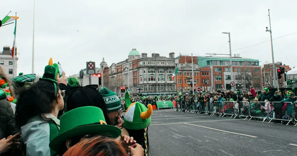 Crowds of people waiting for the St. Patrick's Day parade